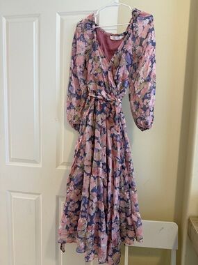 ASTR Pink Floral Maxi Wrap Dress with Blue Accents